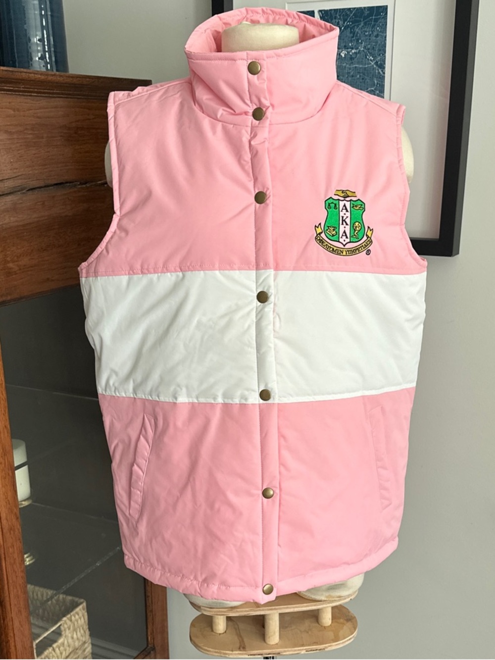 Ivy Storehouse Puffer Vest AKA Sorority Greek Letters Pink White Large